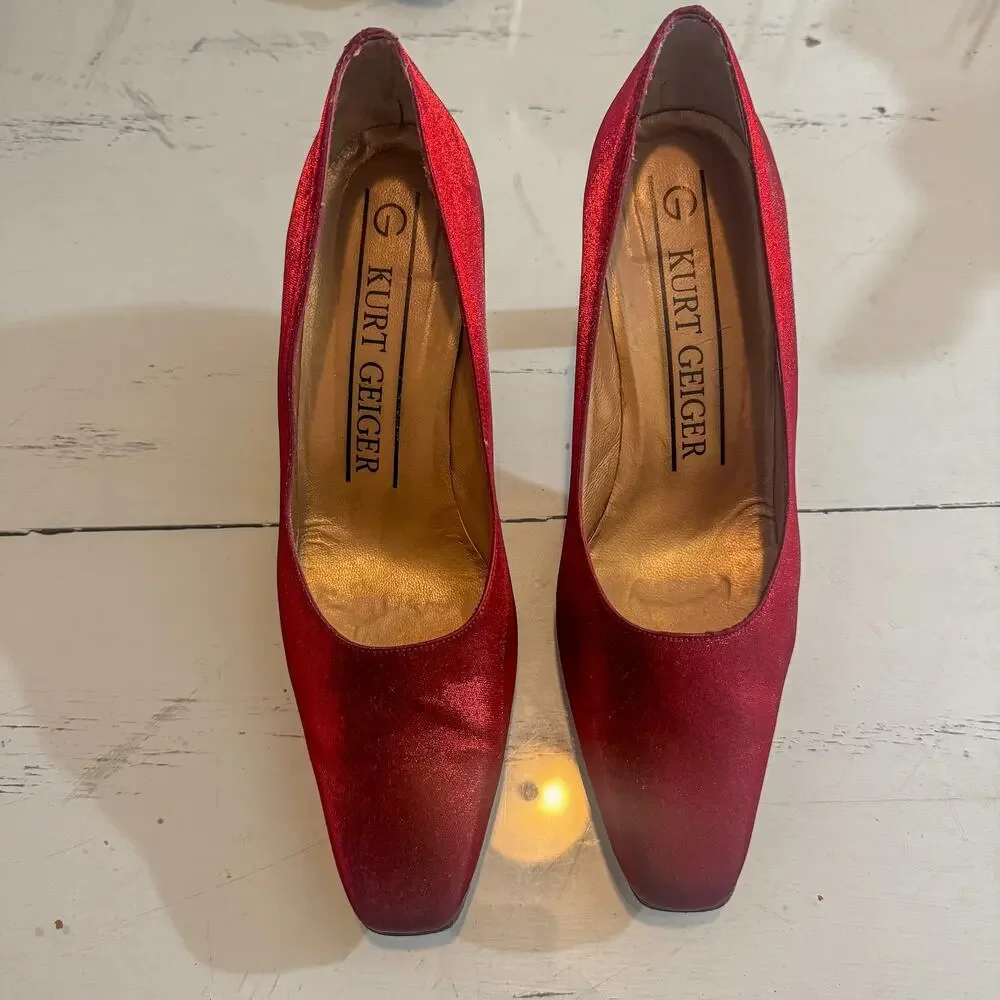 Kurt Geiger Red Shimmer Square Toe Block Heel Pumps Metallic Holiday Party 9.5